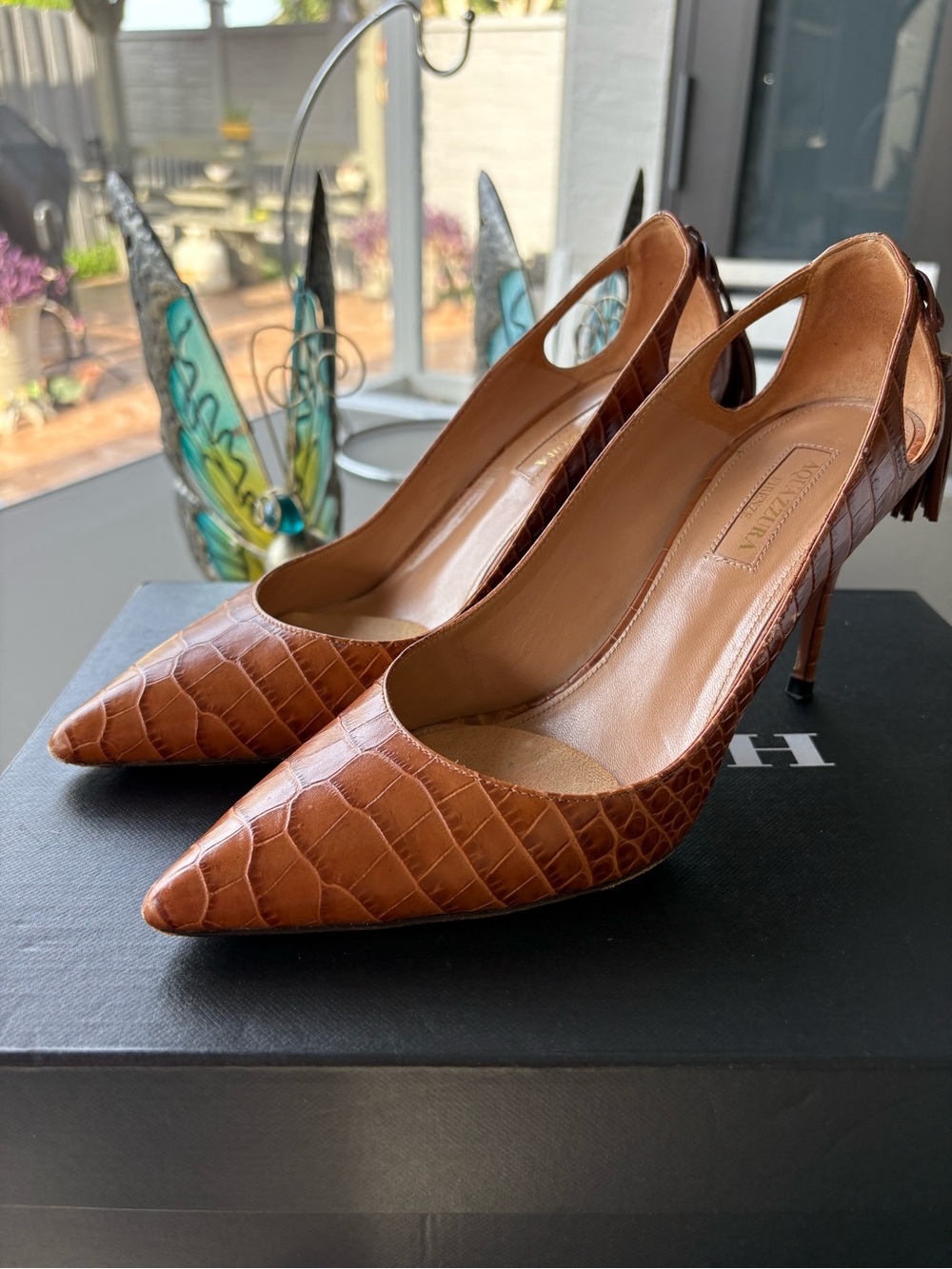 Aquazzura Brown Croc-Embossed Pointed Slingback Pumps with Leather Bow Detail